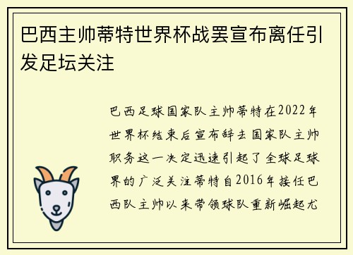 巴西主帅蒂特世界杯战罢宣布离任引发足坛关注